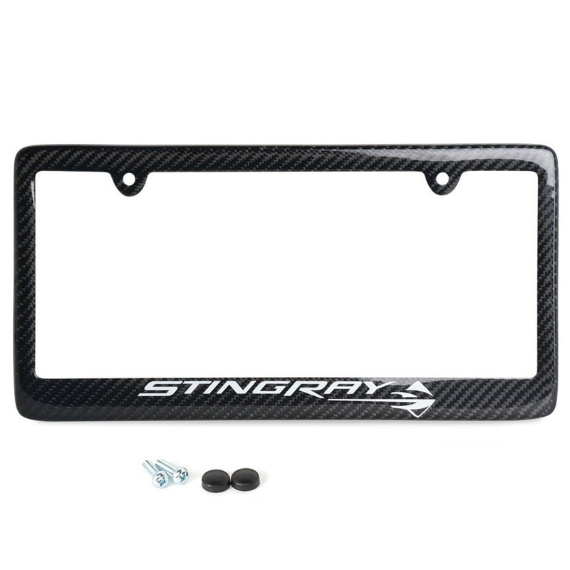 SR1 Performance C7 Corvette Carbon Fiber License Plate Frame with Stingray Script & Fish Logo for 2014-2019 Corvettes - Image 1